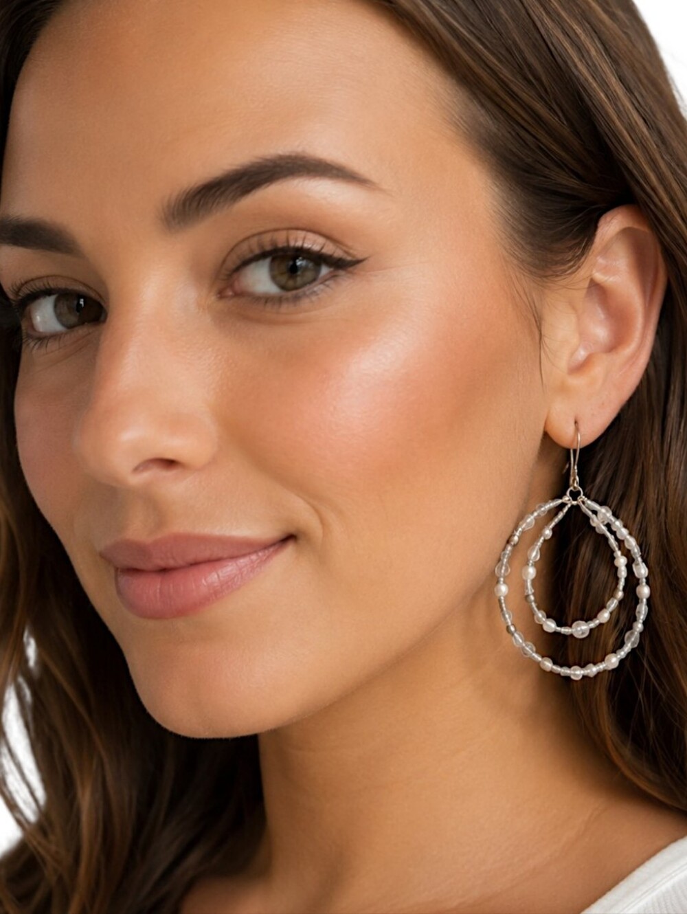 Y2K‎ Beaded Double Hoop Dangle Earrings Icy Blue Seed Bead Silver Tone Bohemian